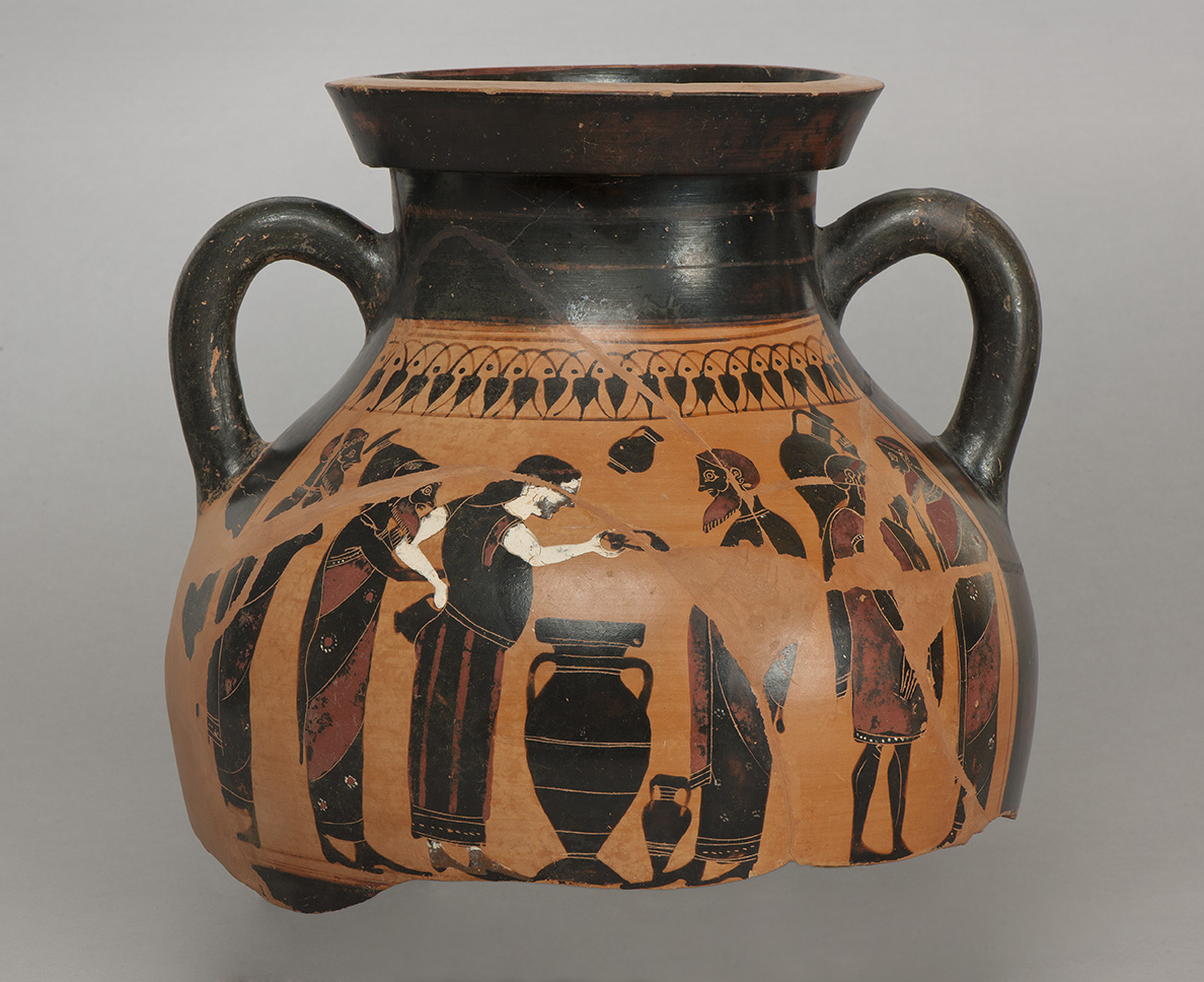 3. Wijnhandelaar (met witte huid) ontvangt geld van een klant, ca. 530 v.Chr. Attische zwartfigurige amfoor © Koninklijke Musea voor Kunst en Geschiedenis