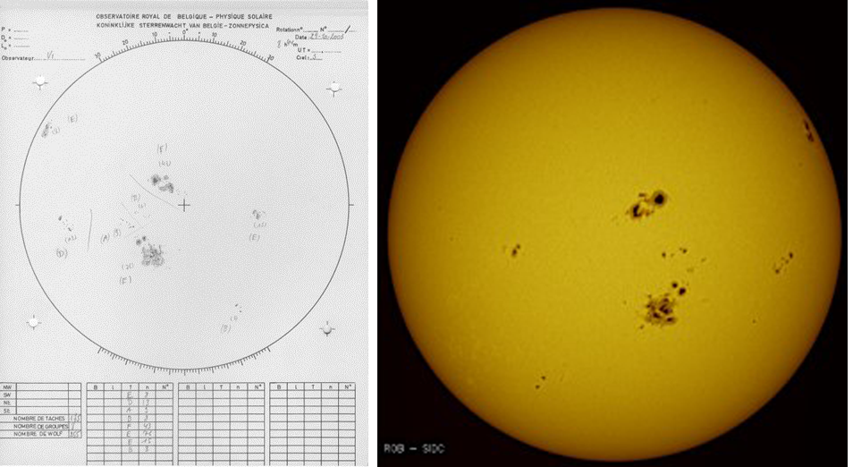 3. Een illustratie van een zonnevlektekening en -afbeelding gemaakt op 29/10/2003. De tekening is omgedraaid ten opzichte van de afbeelding, omdat het een projectie is. Credits: USET/SIDC/KSB.