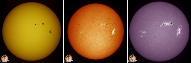 4. Beelden van de zon genomen op 06/09/2017 in verschillende golflengtes. Fig 3b toont twee heldere linten die overeenkomen met een zonnevlam. Credits: USET/SIDC/KSB